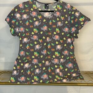 Gray and Pink Boxy Scrub Top with Floral Print